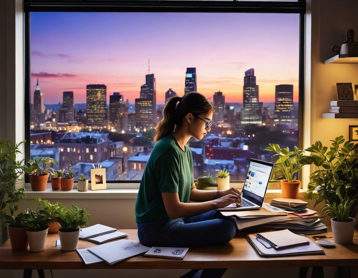 A dynamic scene depicting a person sitting at a beautifully arranged desk, surrounded by stylish stationery, a laptop open to a vibrant online journal, and social media icons floating around. Include elements of community engagement like chat bubbles and heart emojis, with a cozy and inviting atmosphere showing plants and warm lighting. The backdrop should hint at a bustling cityscape through a window, representing connectivity. vibrant colors. super-realistic.