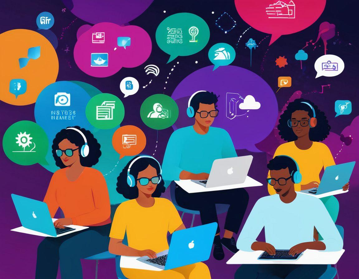 A diverse group of individuals creating digital stories on laptops and tablets, surrounded by colorful visuals and icons representing technology and creativity. The environment is bright and modern, showcasing a blend of traditional storytelling elements like books and modern tech like VR headsets. Include speech bubbles with engaging content snippets around them. vibrant colors. digital art.