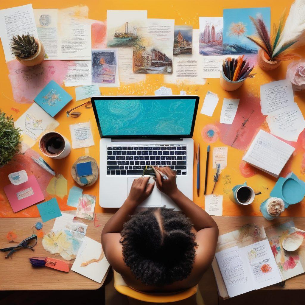 A vibrant, imaginative workspace filled with colorful stationery, an open laptop displaying a blog interface, and ethereal, swirling artistic elements like paintbrush strokes and digital icons representing storytelling. A person is enthusiastically sketching ideas on a notepad, surrounded by inspiration boards filled with images. The scene conveys creativity and dynamic energy, inviting readers to unlock their potential. super-realistic. vibrant colors. cheerful atmosphere.